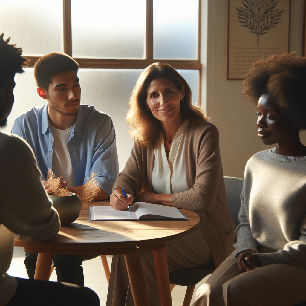 A life coach in an office with clients, depicting a supportive environment.