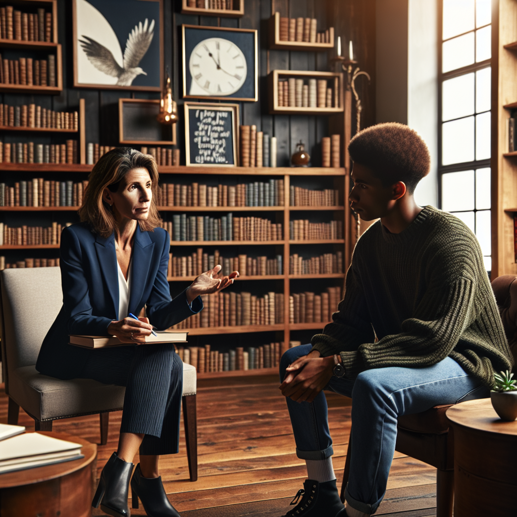 A life coach consulting with a client in a cozy office, capturing a sense of trust and motivation.