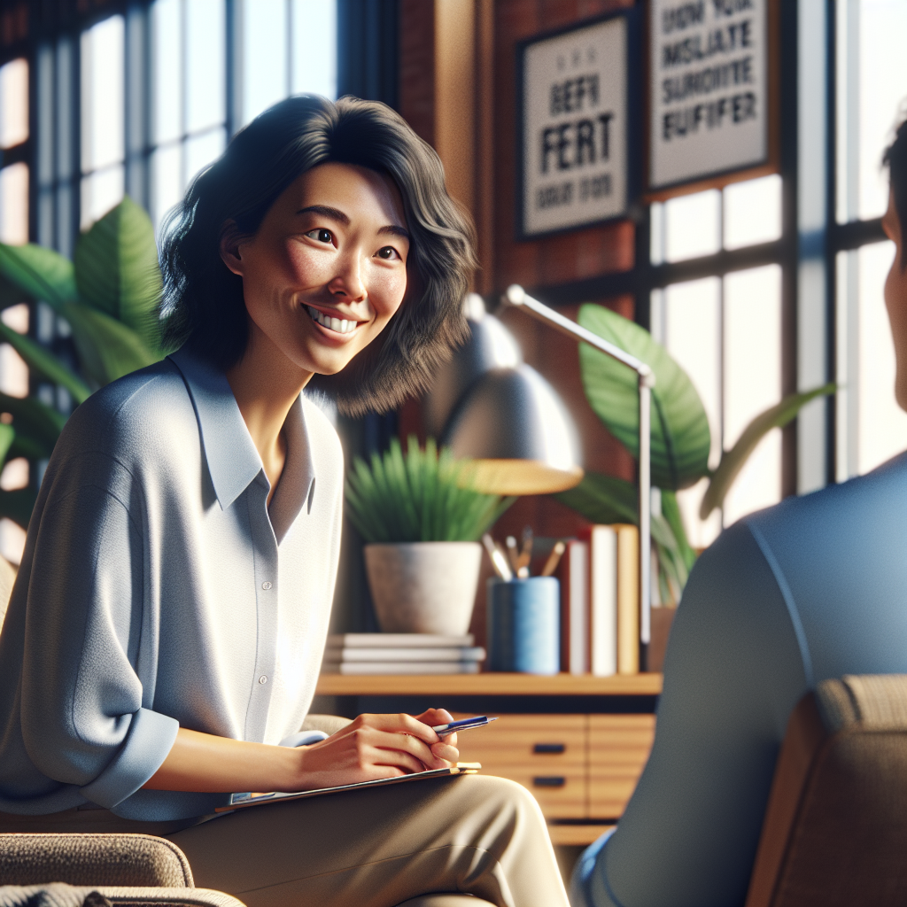 A life coach session in a cozy office with an engaging female coach and a thoughtful male client.
