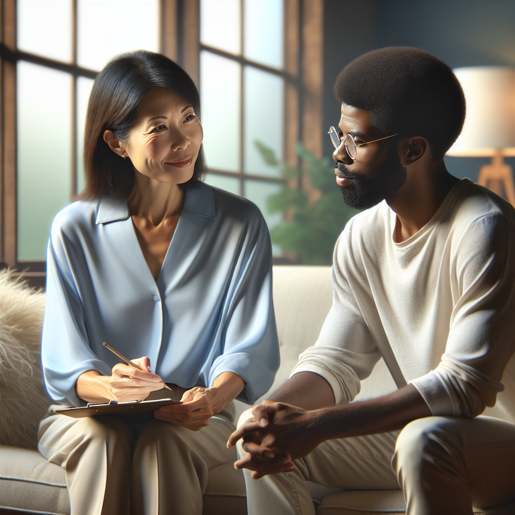 A life coach and a client in a warm, inviting office, engaged in conversation.