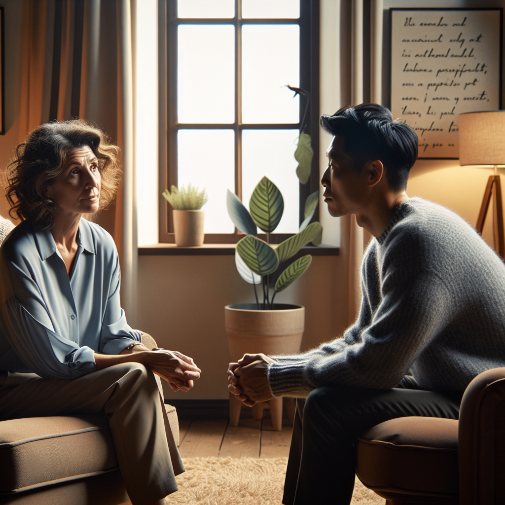 A life coaching session in a cozy room with two individuals in conversation.