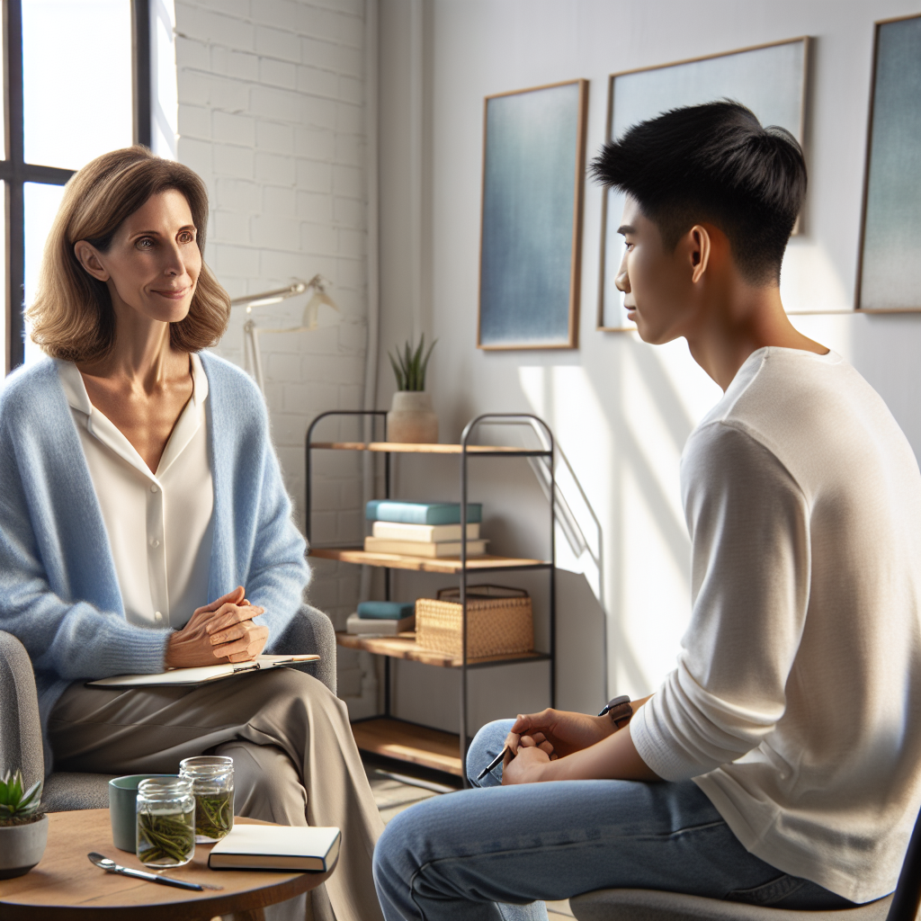 A life coach and a client engaged in a supportive conversation in a cozy office.