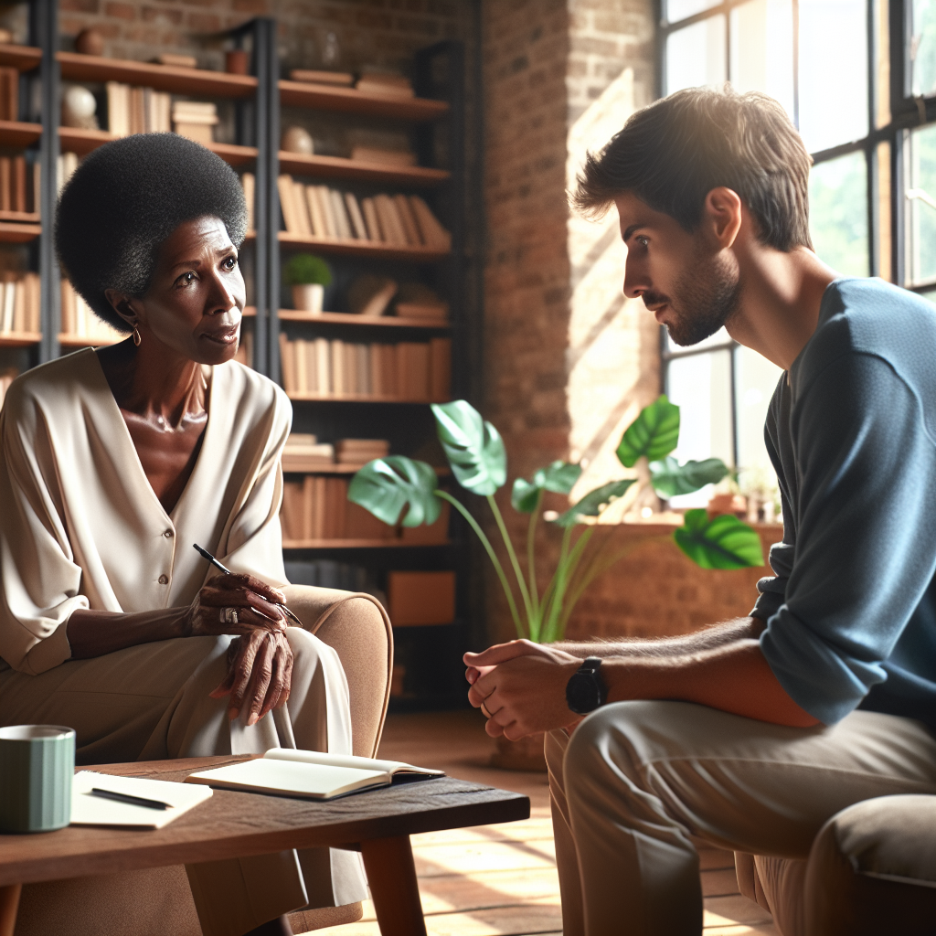 A life coach and a client having a motivational conversation in an office.
