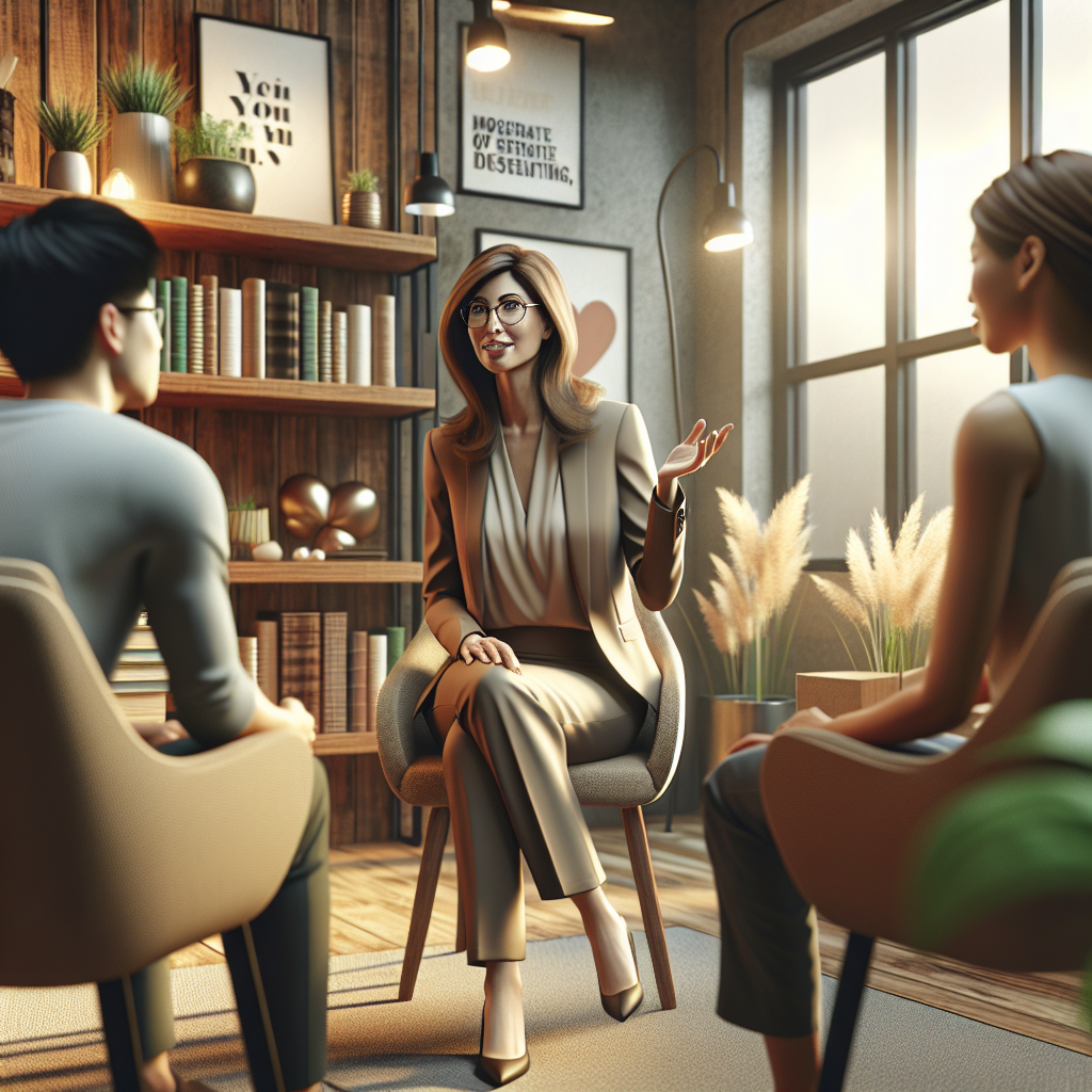 A life coach interacting with clients in a cozy office.