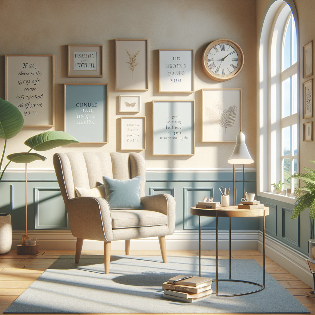 A serene coaching office with a comfortable chair, coffee table, and motivational decor.