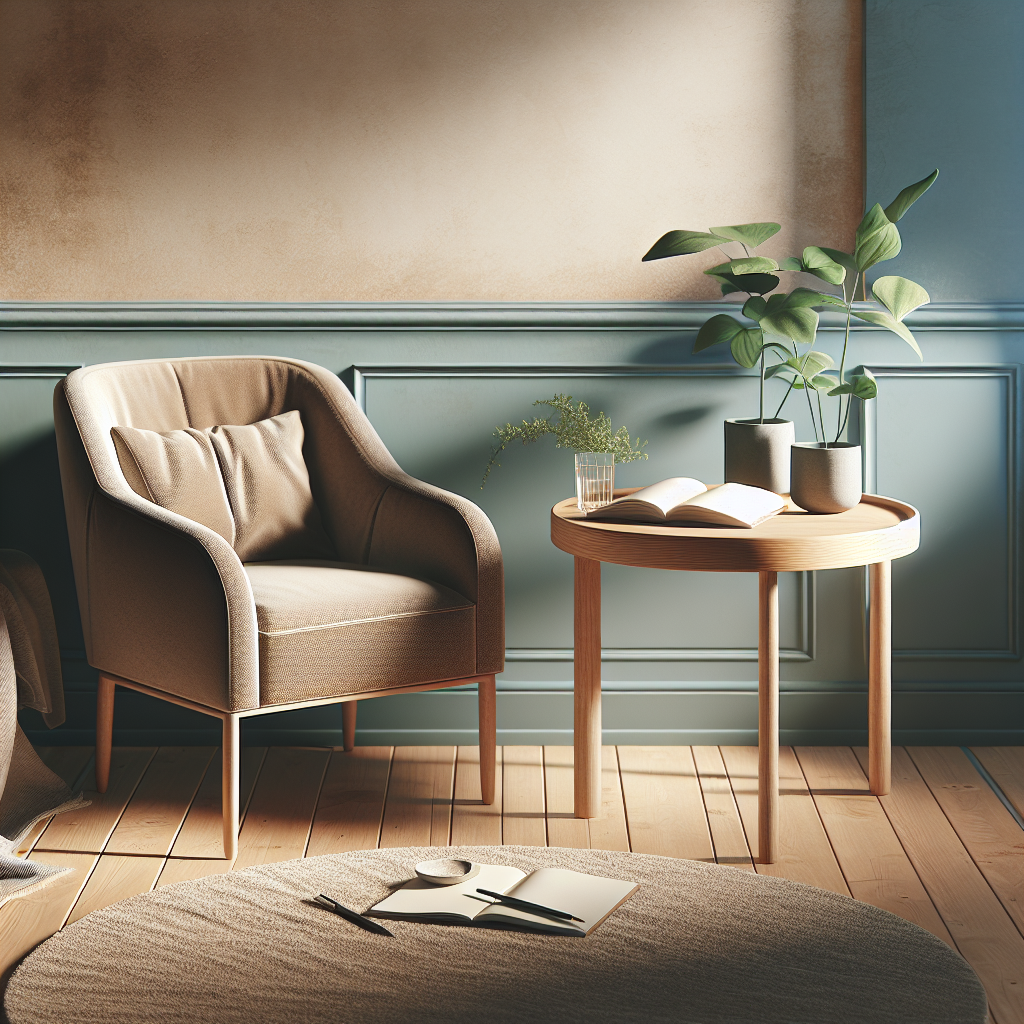 A cozy workspace for a life coach with an armchair, coffee table, notebook, and plants.