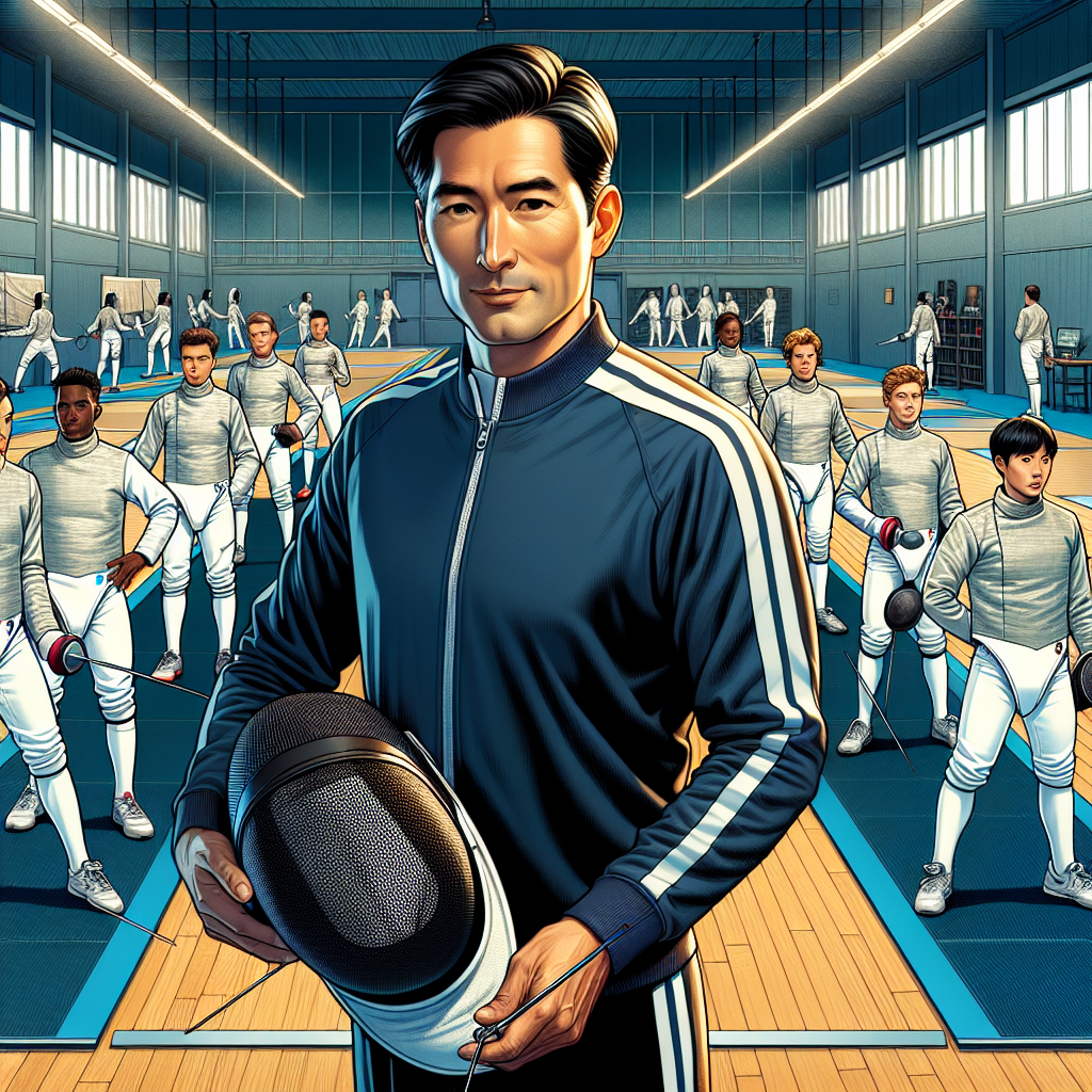 A Z fencing coach demonstrating techniques to a group of diverse fencers in a fencing gym.