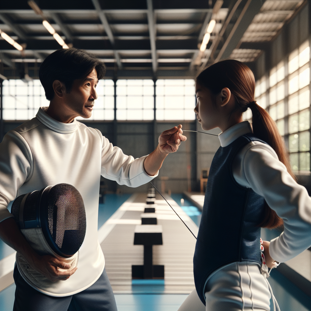 A Z fencing coach demonstrating techniques to a young female fencer in a gym.