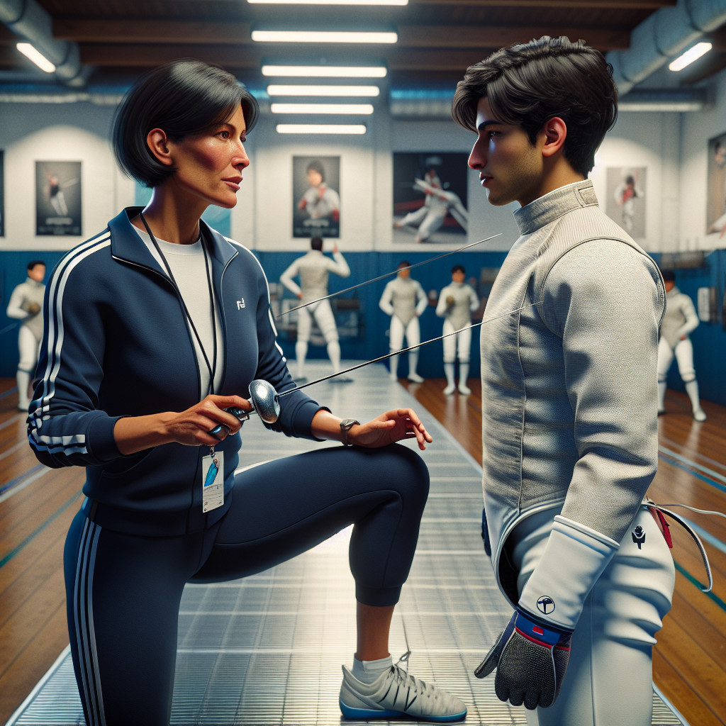 A Z fencing coach demonstrating techniques to a young athlete on a fencing mat.