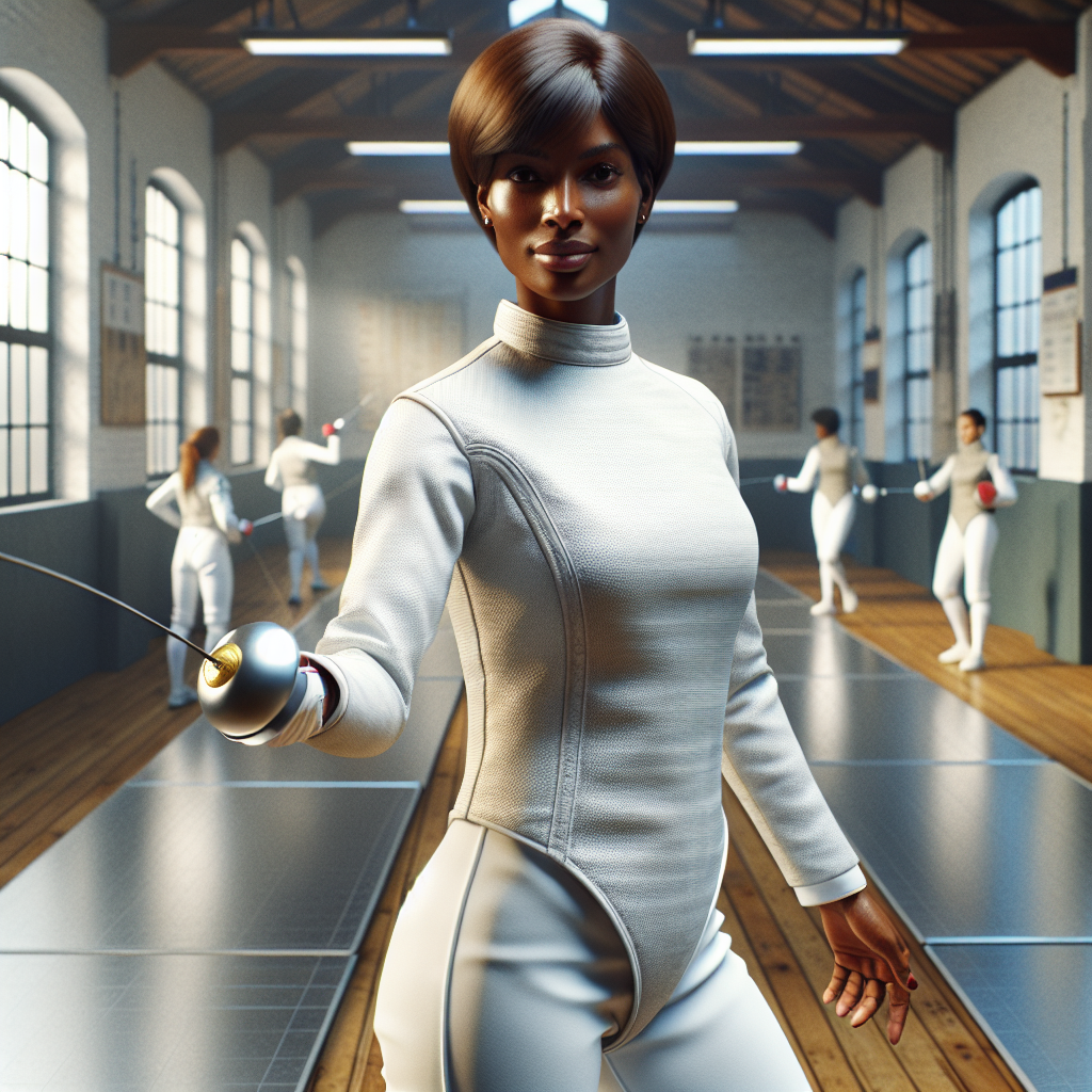 A Z fencing coach demonstrating a technique in a dojo.