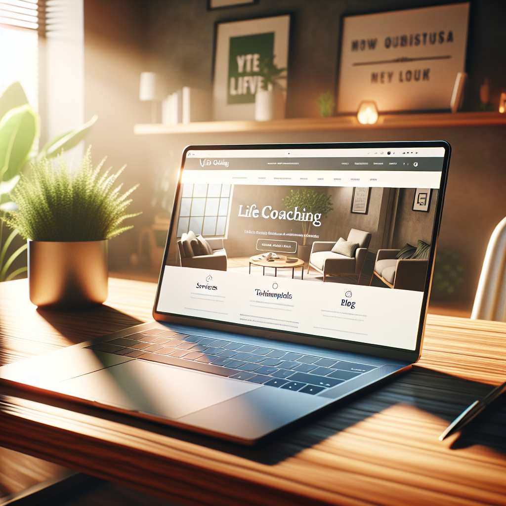 A laptop displaying a life coaching website on a wooden desk in an inviting office setting.