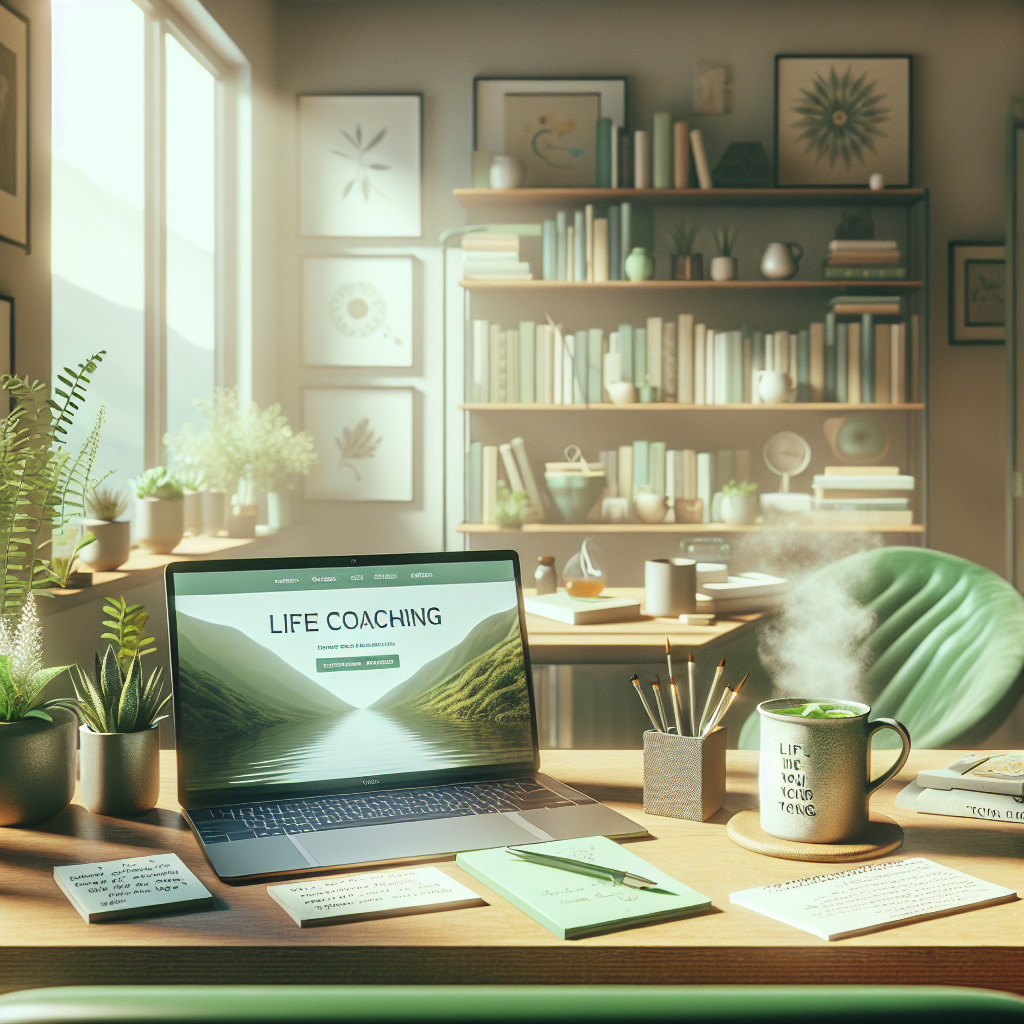 A life coach's modern workspace with a laptop, notepad, and plants.