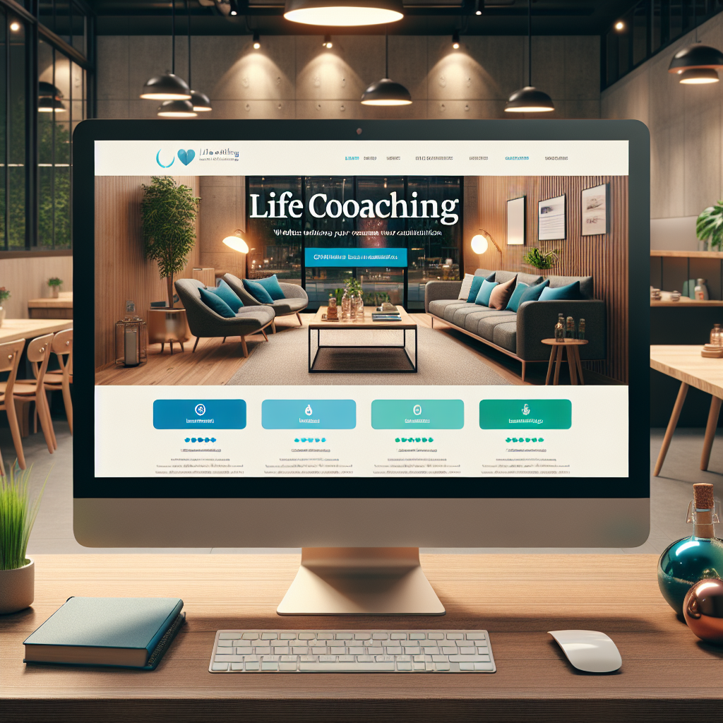 A realistic depiction of a life coaching website on a computer screen in a modern office setting.
