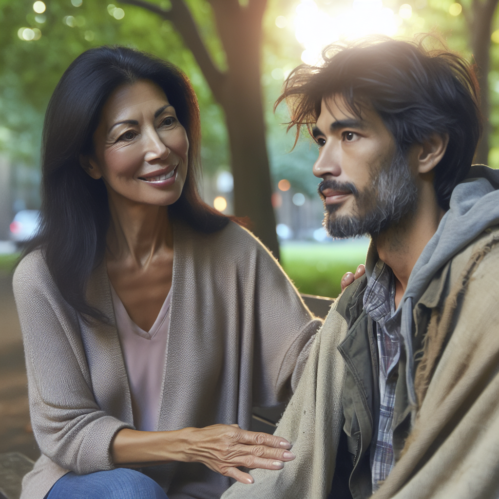 A life coach providing support to a homeless individual in a park.