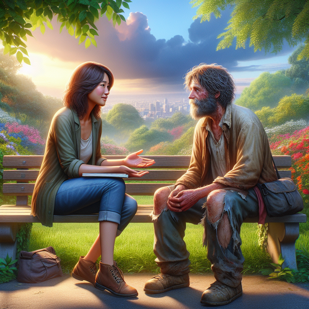 A life coach sitting on a park bench with a homeless individual in a vibrant park.