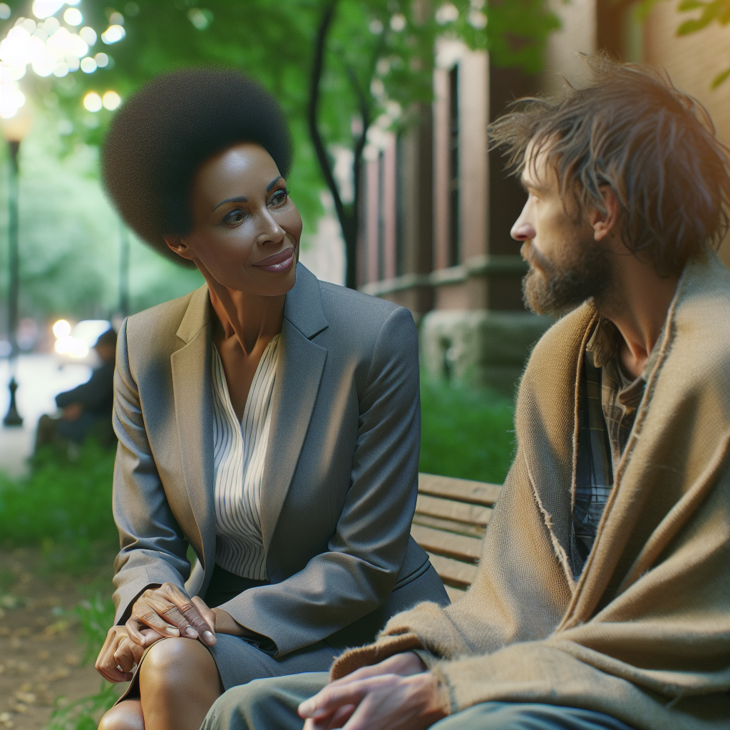 A life coach having a conversation with a homeless individual in a park.