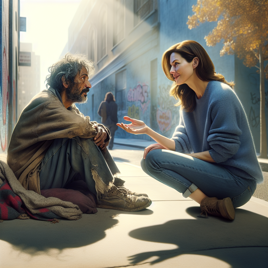 A life coach interacting with a homeless man in an urban setting.