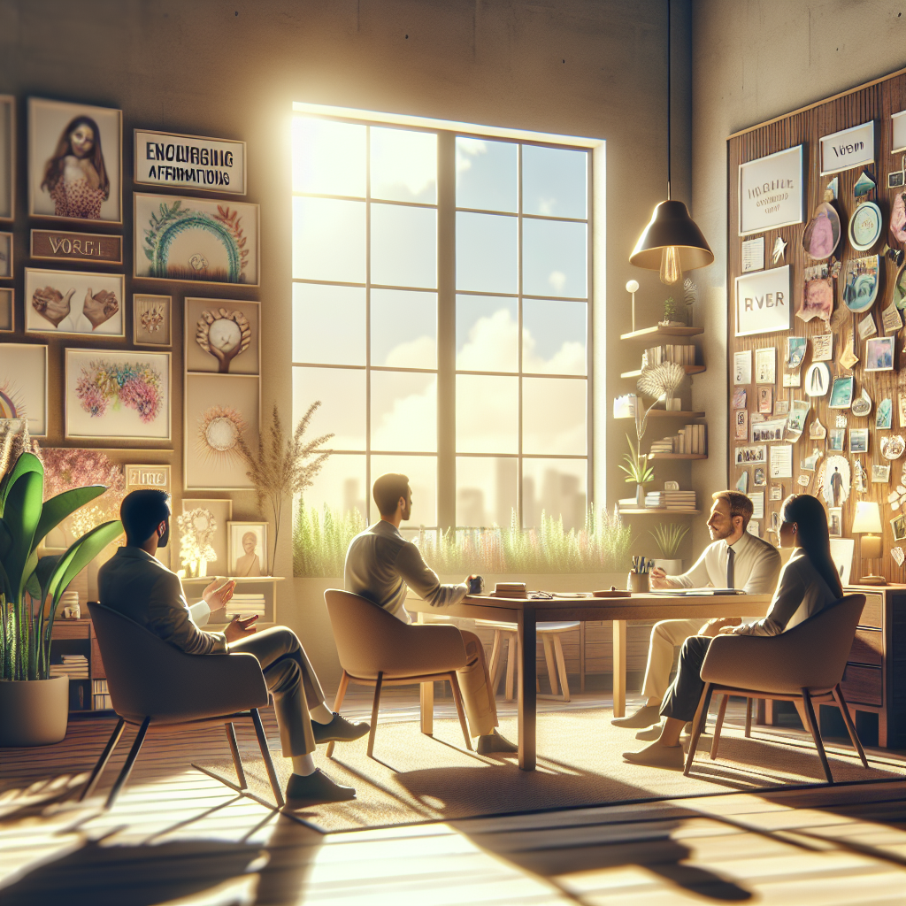 A serene office space for life coaching with individuals discussing goals.
