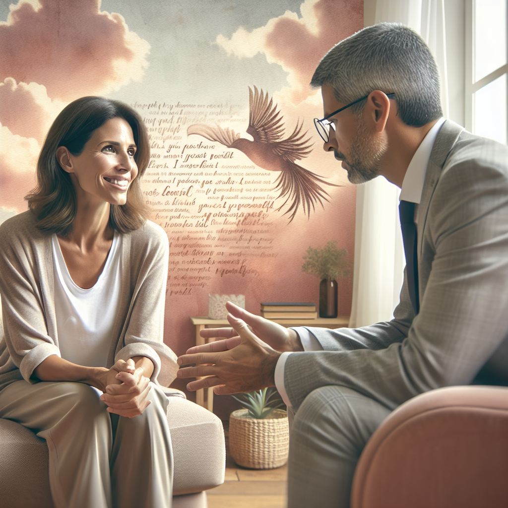 A life coaching session with a woman and a man engaged in conversation in a bright room.