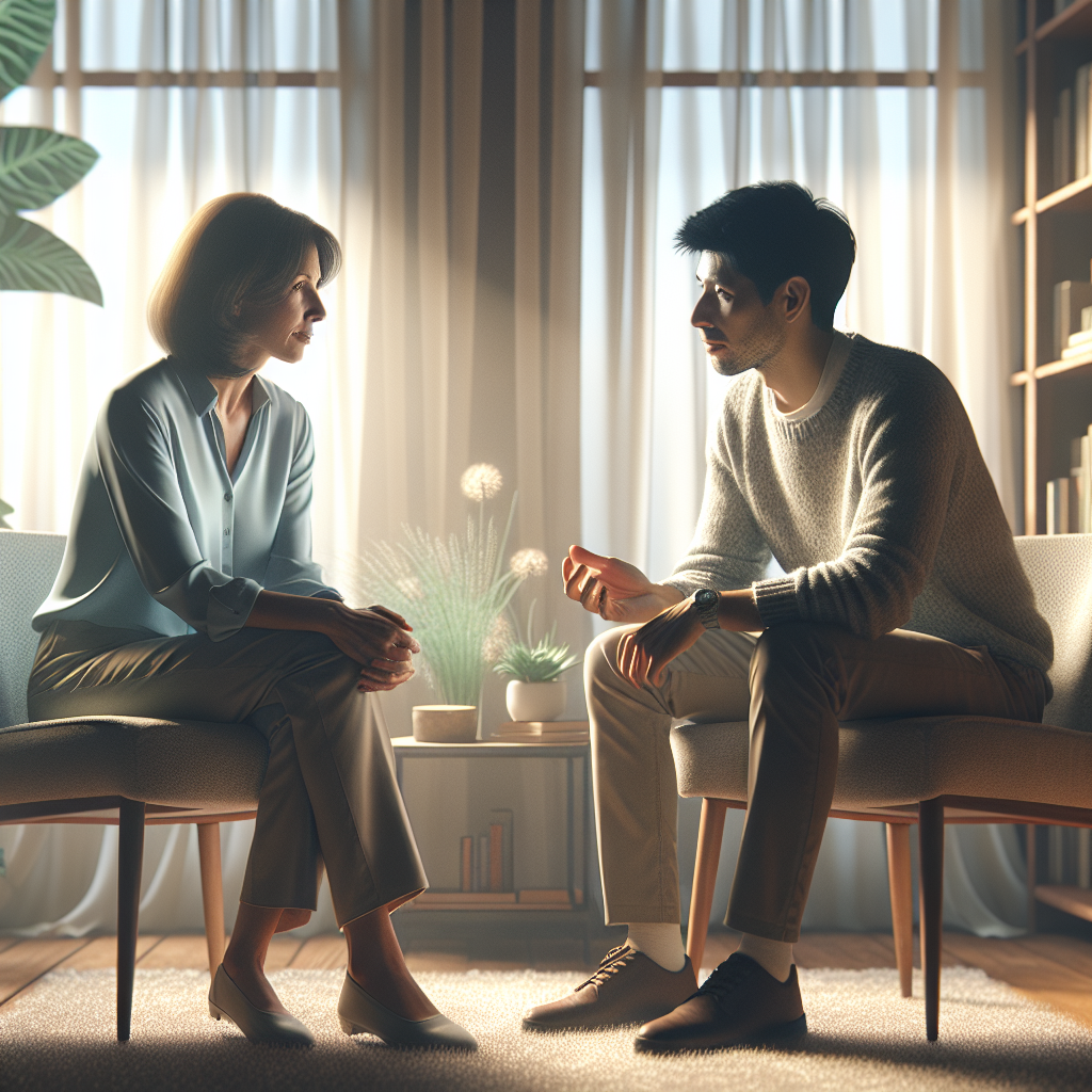 A life coaching session in a cozy room with a woman and a man discussing.
