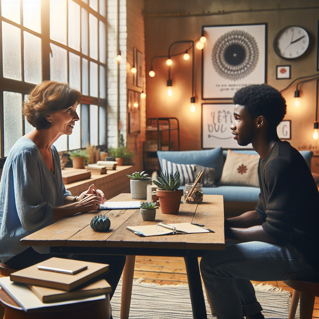 A life coaching session taking place in a cozy office.