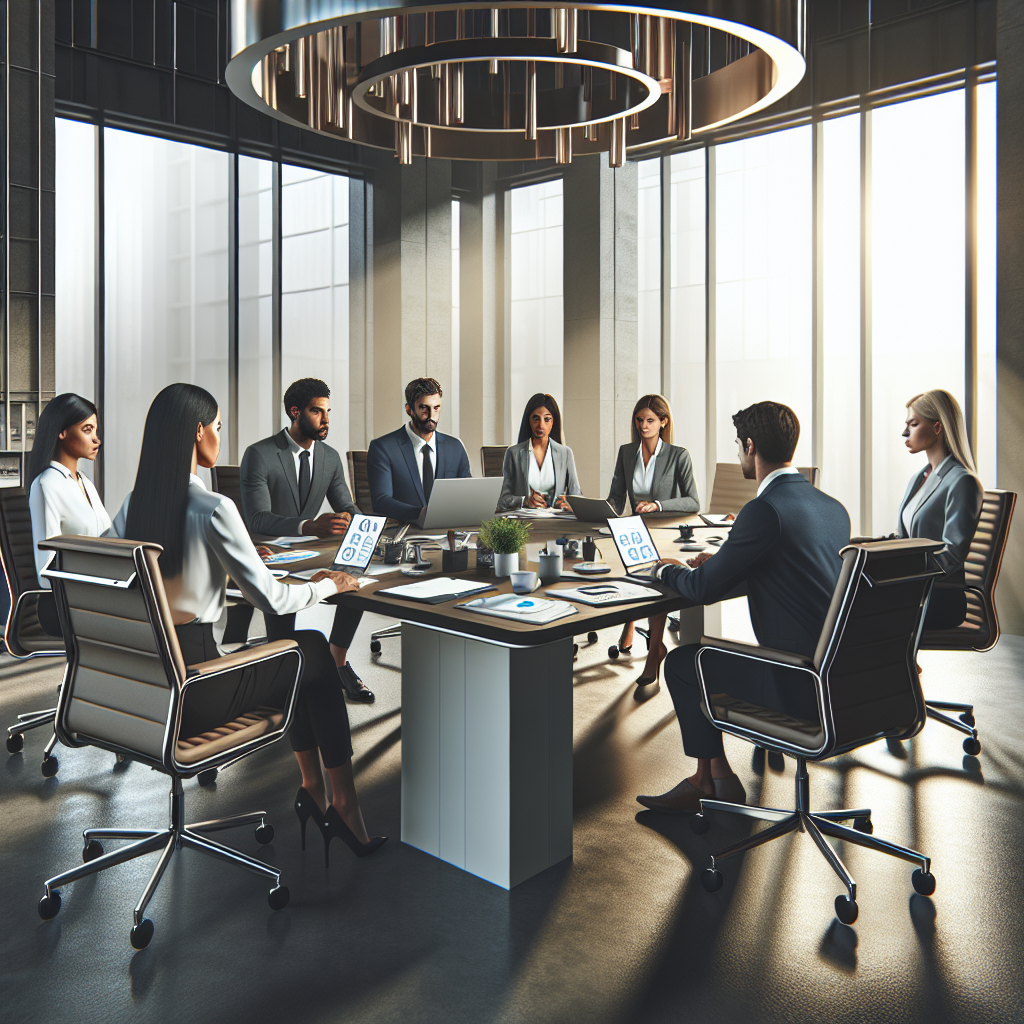 Diverse team in a meeting at a modern office.