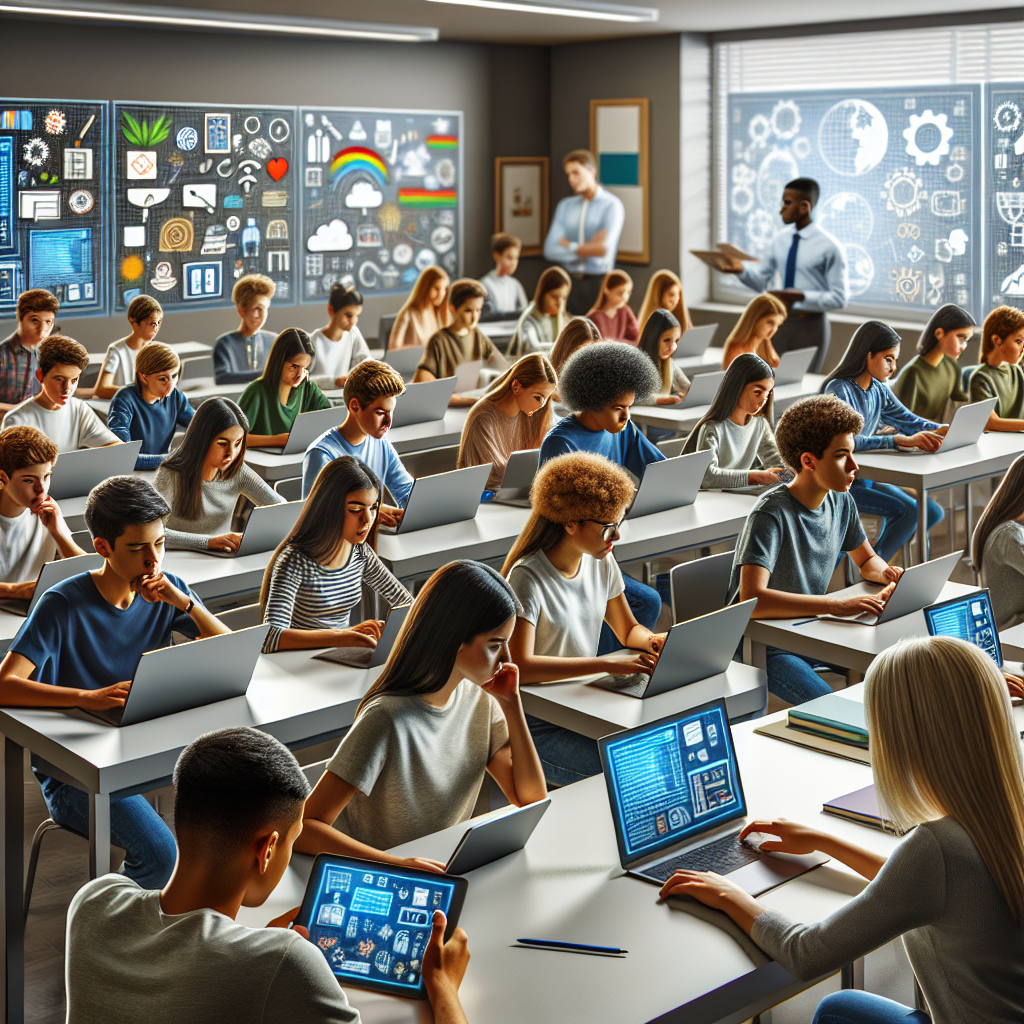 A classroom with students using technology like laptops and tablets, with a smartboard at the front.