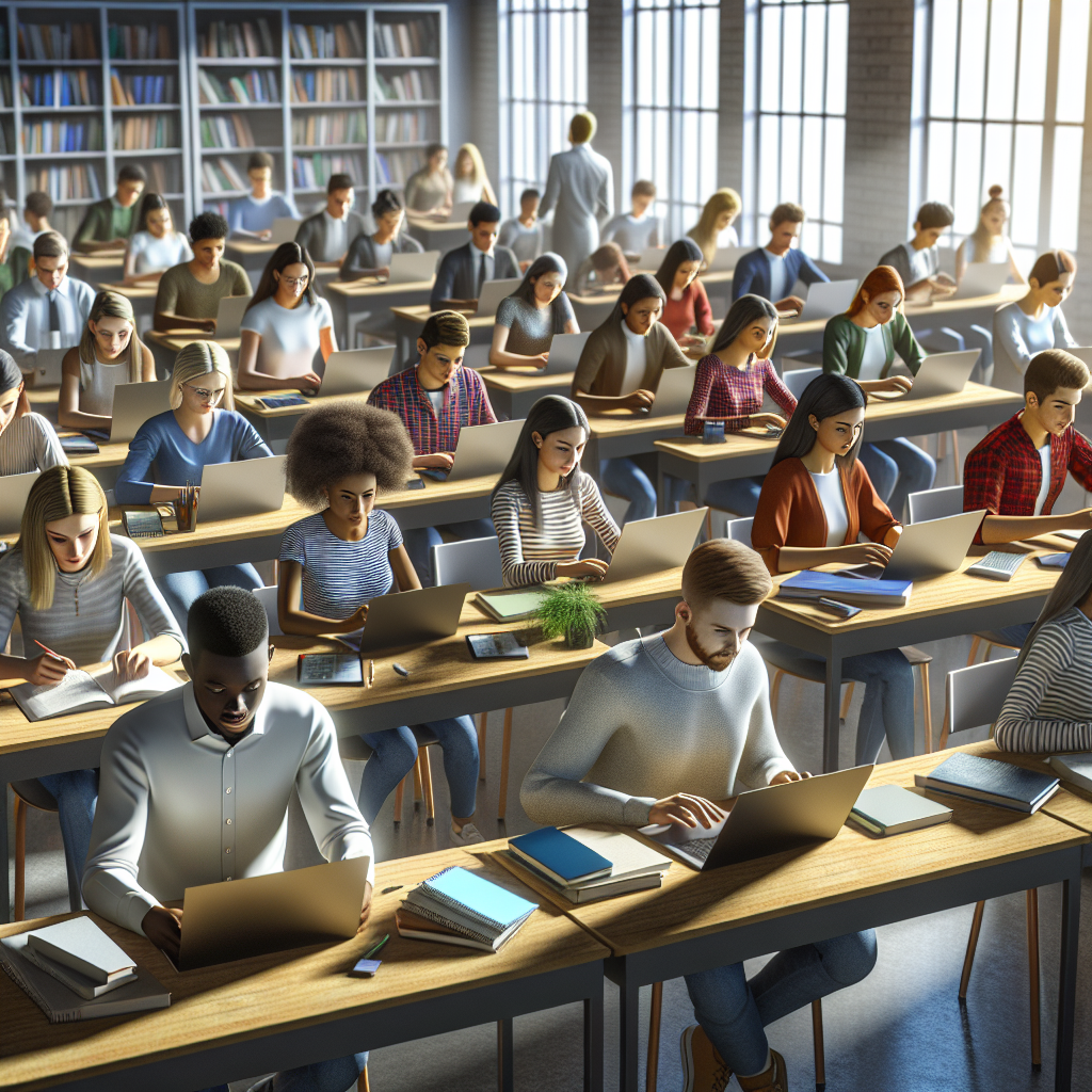 A modern classroom with students using various electronic devices.