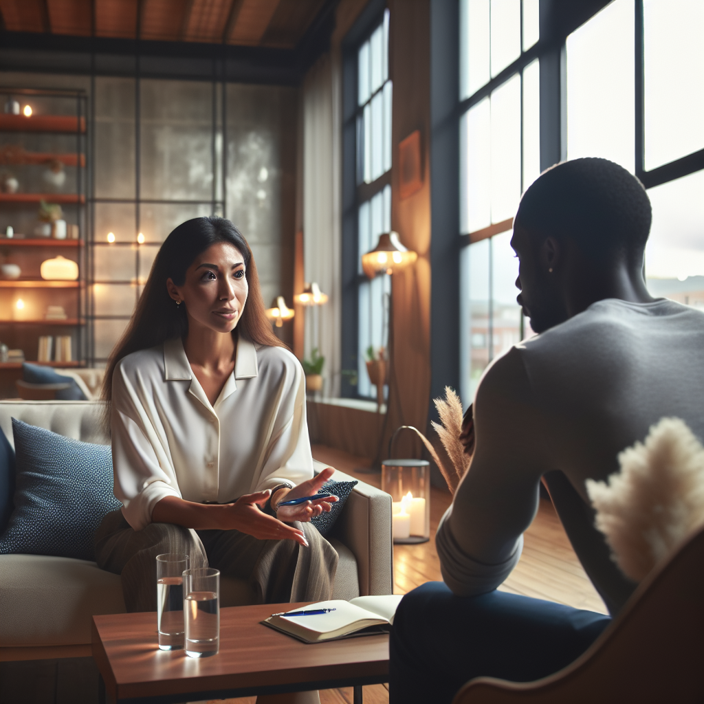 A realistic image of a life coaching session depicting the authentic interaction between coach and client in a cozy interior.