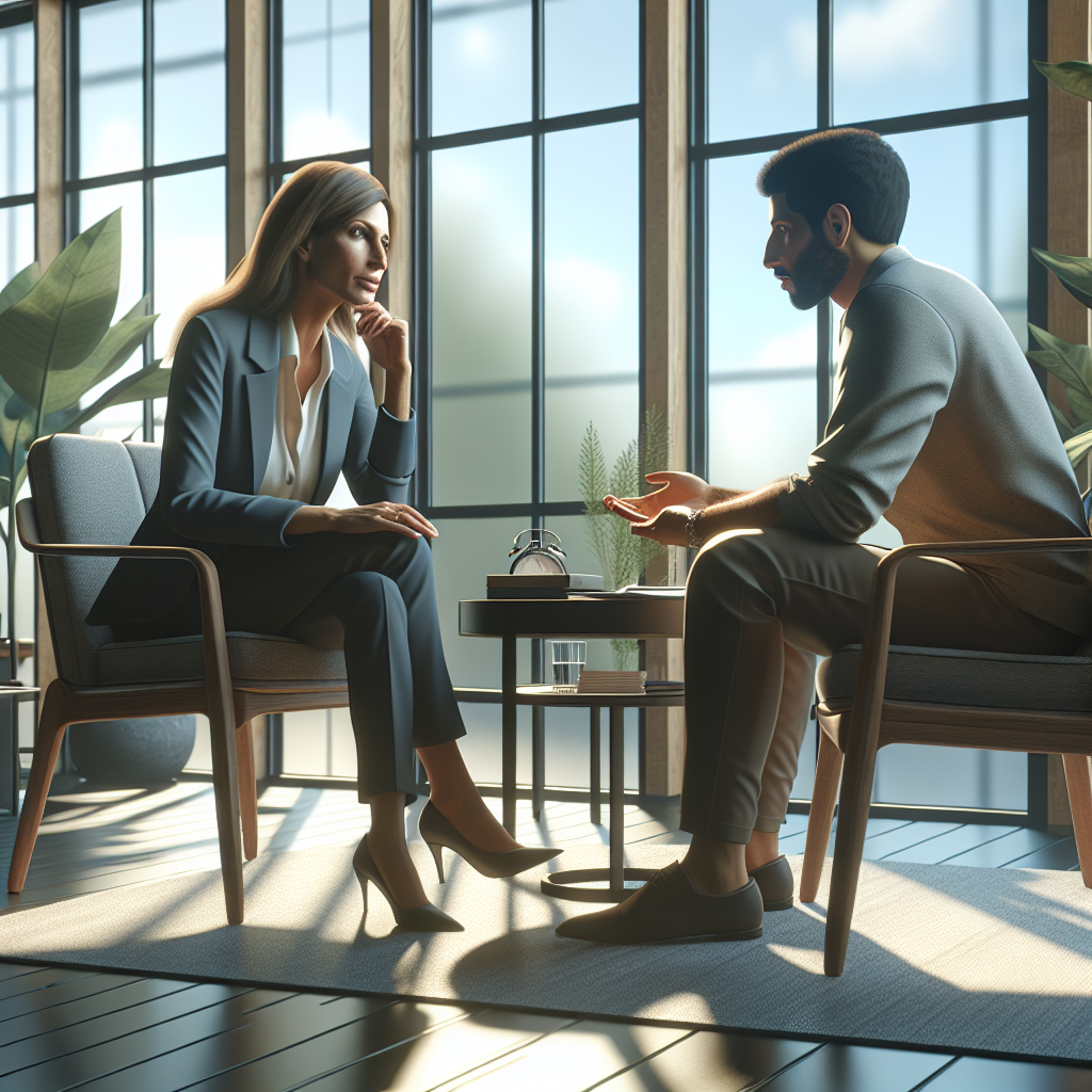 Life coaching session in a modern office with natural lighting and plants, featuring a coach and a client in deep conversation.