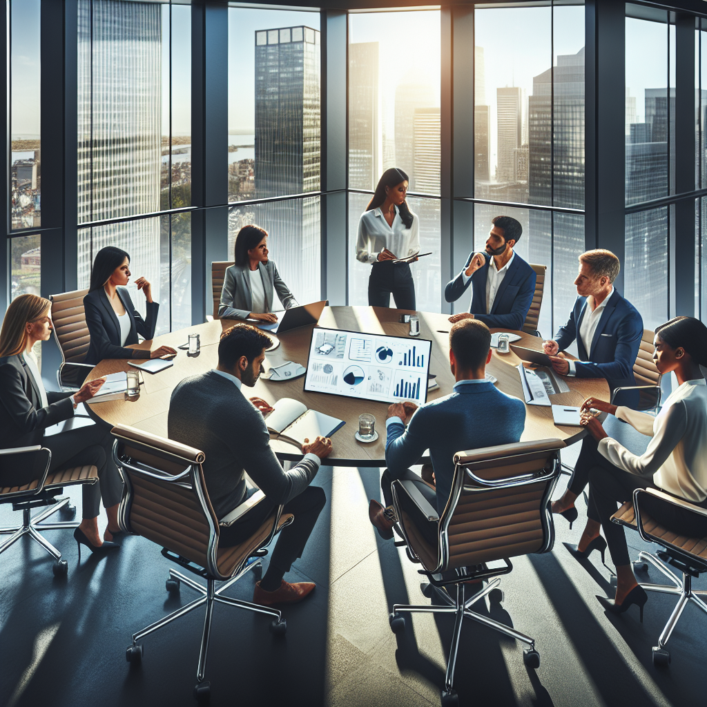 Illustration of a diverse team in a business meeting within a modern conference room, portraying collaboration and professional growth.