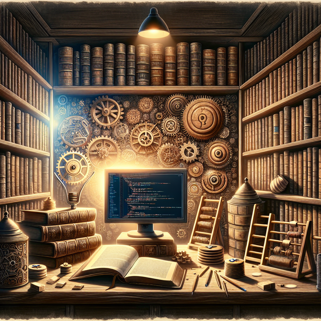 A realistic library symbolizing the PHP community with ancient books, a glowing modern computer with PHP code, gears and abacuses representing system compatibility and beginner-friendly nature, all in an inviting warm light.