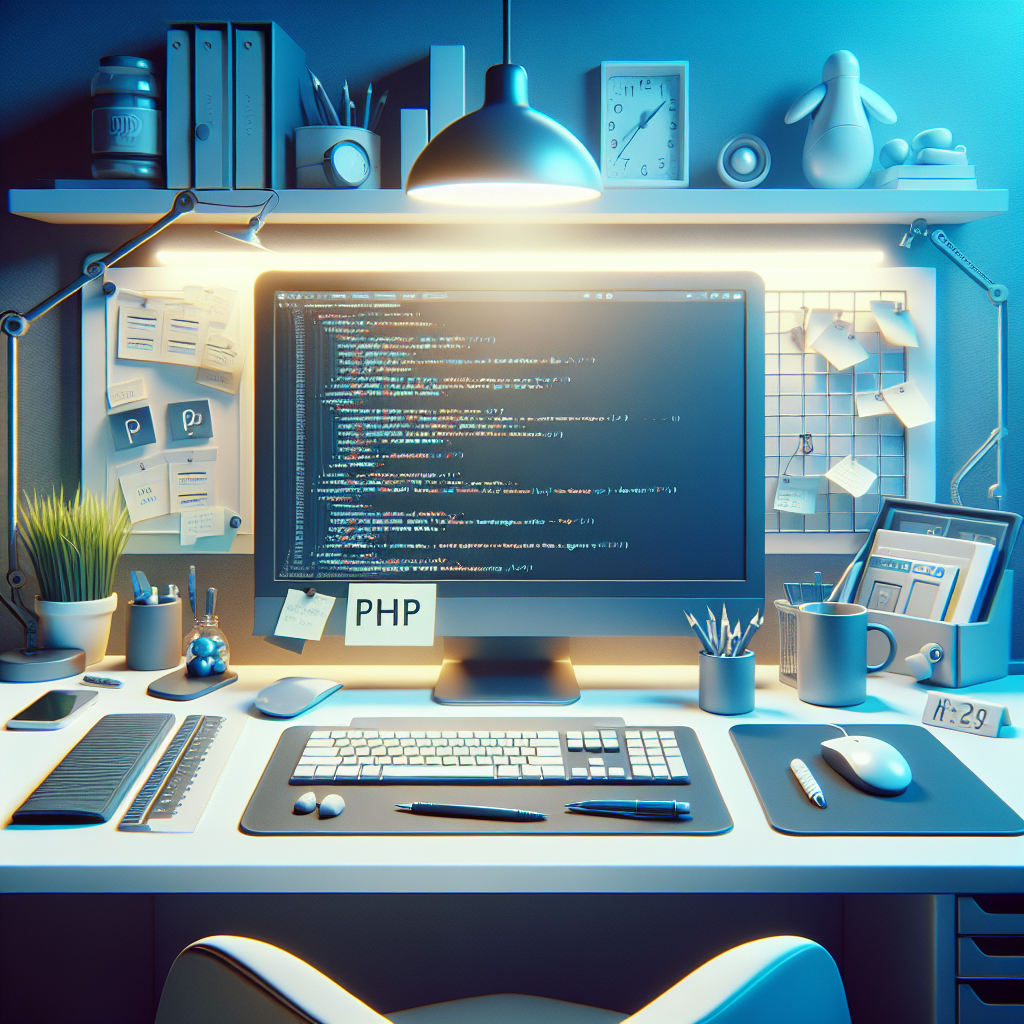 A modern computer workstation with PHP code on the screen and development tools around it, meant to represent the continued relevance of PHP in web development.
