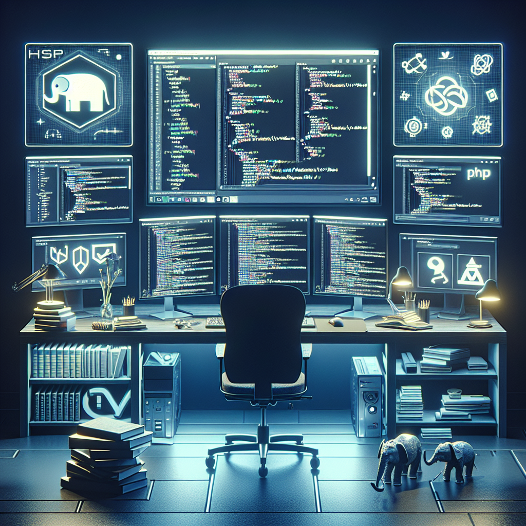 A modern tech workspace with multiple screens showing PHP code, surrounded by web development books, PHP framework logos, a miniature PHP elephant mascot, and database and CMS logos.