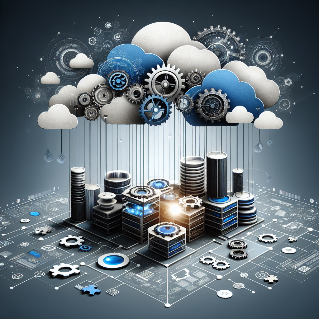 Digital artwork of interconnected gears and puzzle segments representing integrated web solutions in shades of blue, grey and white, with a spotlight on the central piece.