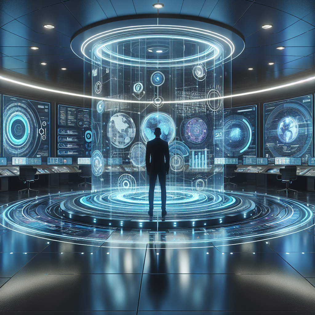 Futuristic network command center illustrating integrated web solutions with a figure interacting with holographic screens.