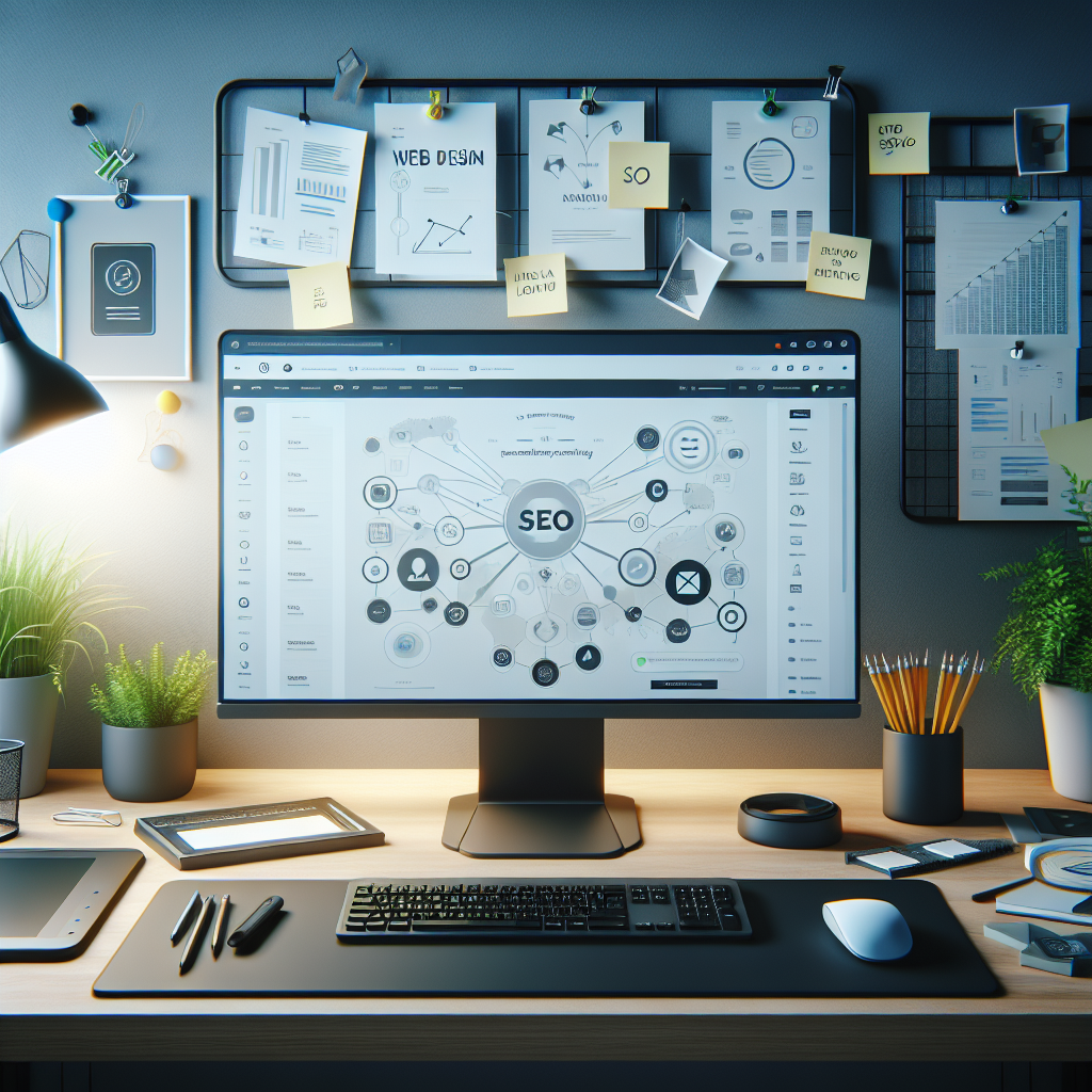 Organized modern workspace with a computer monitor displaying web design and SEO tools, surrounded by various work-related elements.