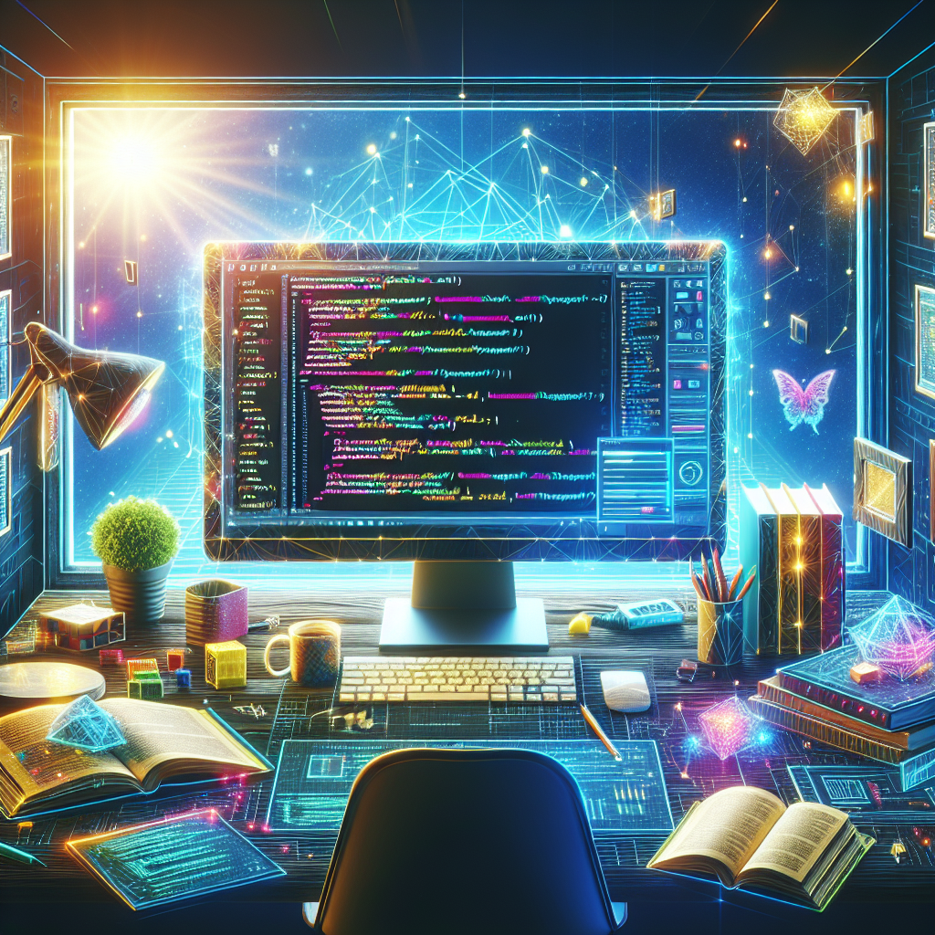 A programmer's desk with a monitor displaying JavaScript code, programming books, a coffee cup, and JavaScript-themed decor in a bright, modern workspace.