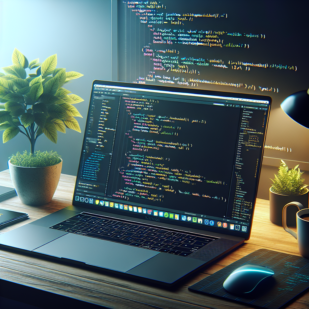 Realistic image of a laptop on a desk displaying JavaScript code on a code editor, with ambient lighting, a plant, and a cup of coffee nearby.