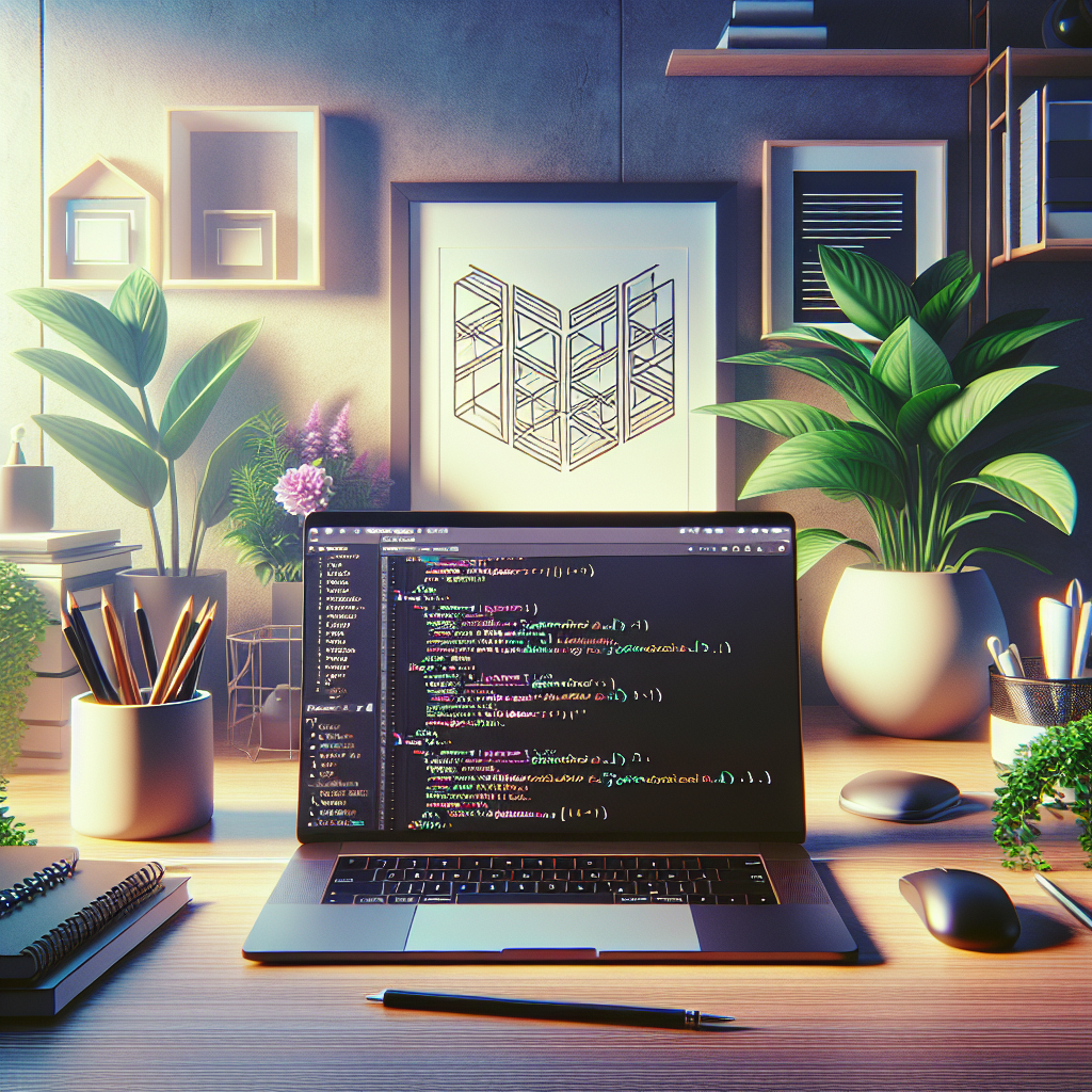 A realistic desktop scene with an open laptop displaying JavaScript code, a full-stack symbol in a framed picture, and an indoor plant in the background.