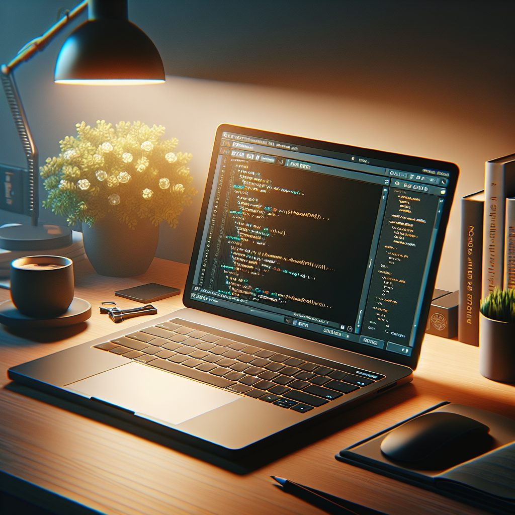 A modern laptop with PHP code on the screen, set in a developer's workspace with a plant, books, and coffee, illuminated by a desk lamp.