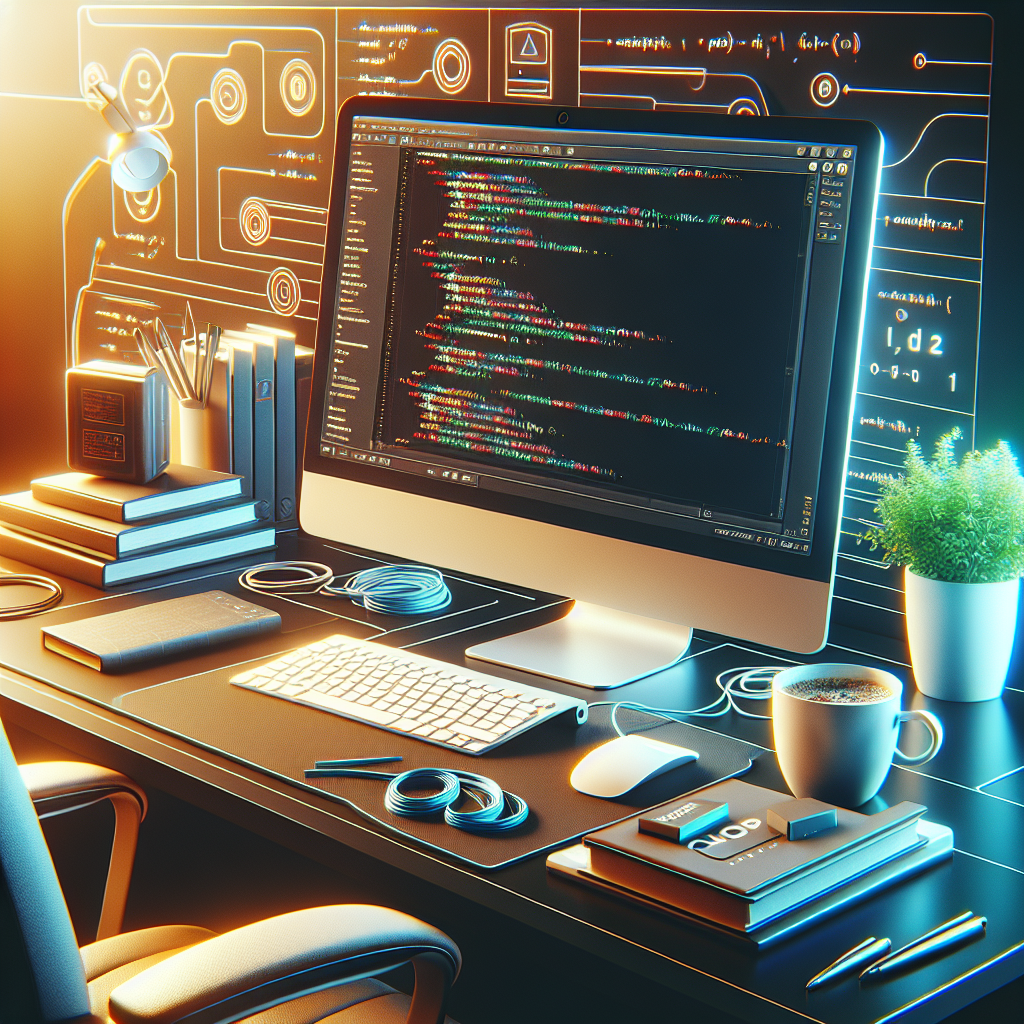 A modern computer workstation with PHP code on the screen, surrounded by programming books, a coffee cup, and a plant, to represent web development.