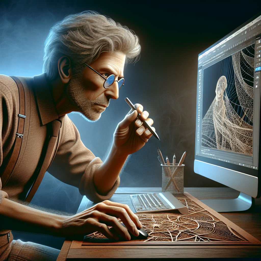 An older master artisan hand-carving a web design into wood with modern digital tools in the background.