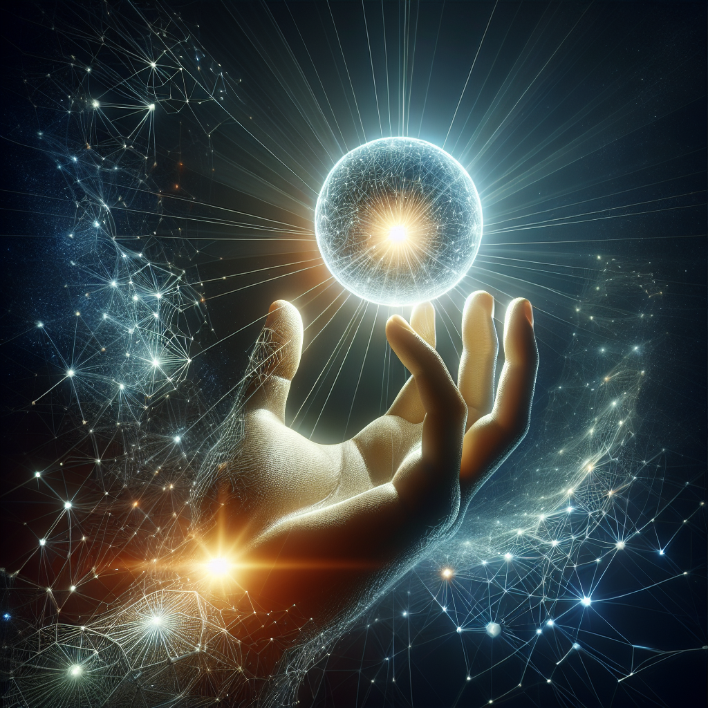 A human hand holding a glowing digital orb with intricate network connections and a backdrop symbolizing web design excellence.