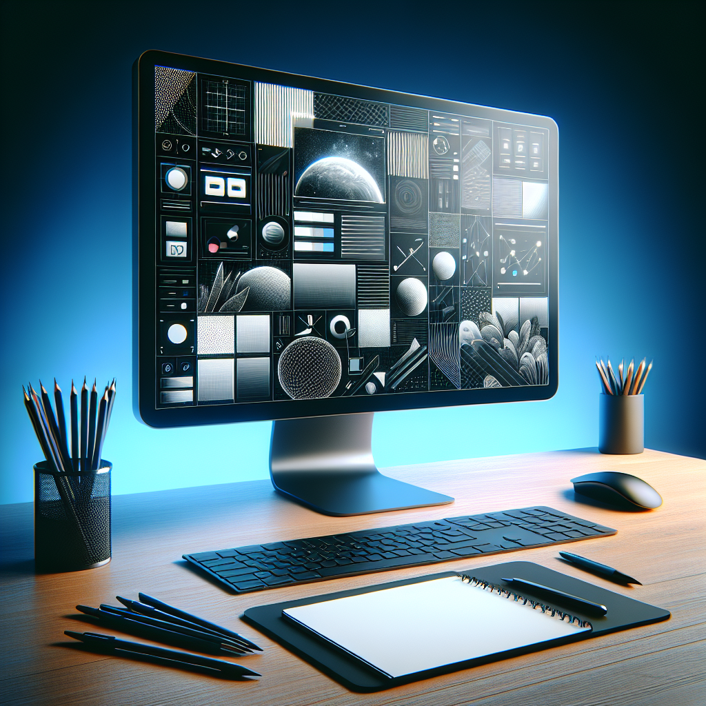 Modern digital workspace with a high-resolution monitor displaying an abstract webpage interface, a sketchpad with pen, and ambient blue lighting, all representing web design excellence.