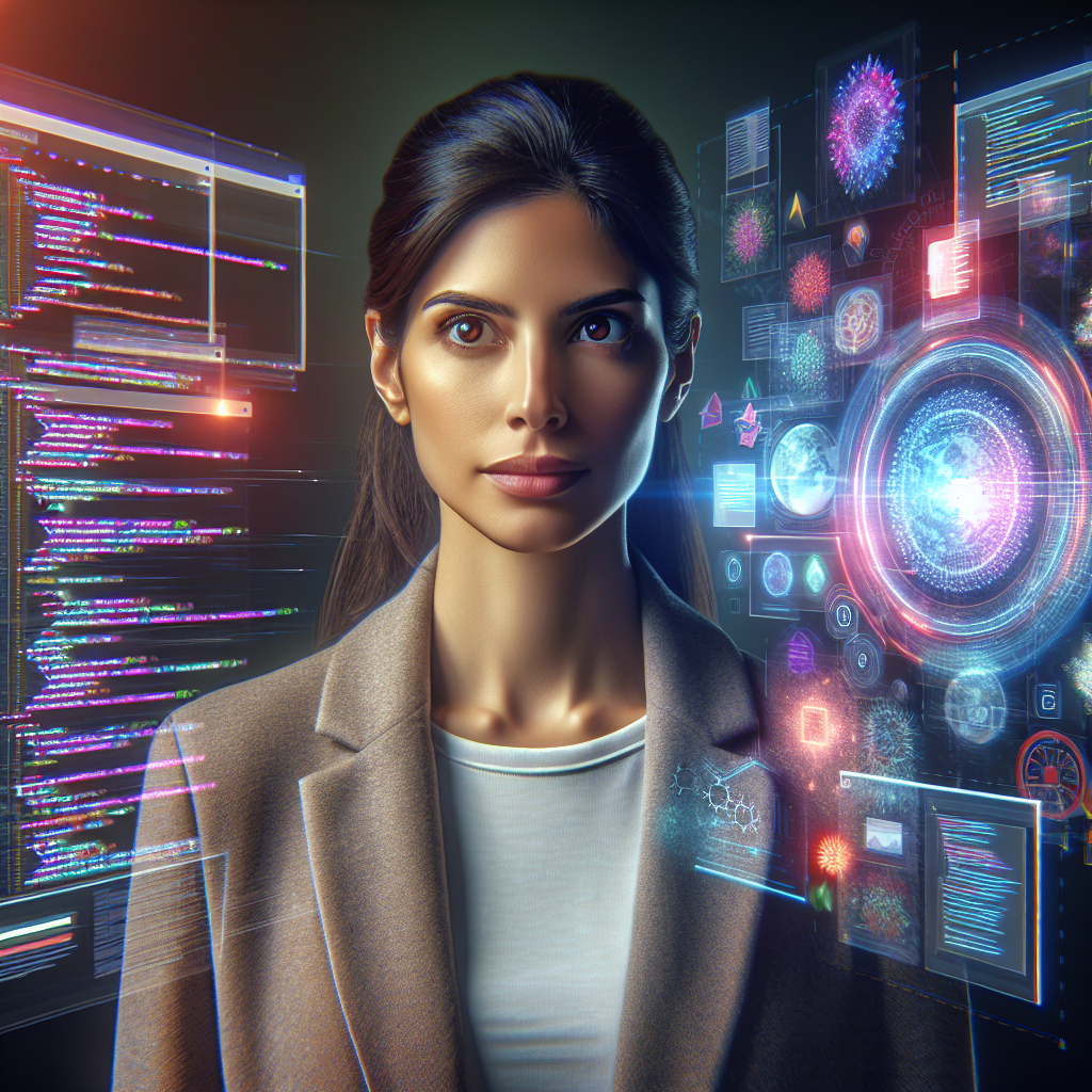 A full-stack developer surrounded by front-end and back-end interface elements, symbolizing their dual expertise.