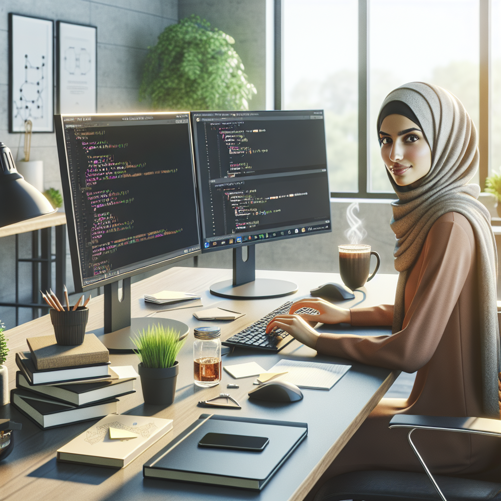 Full-stack developer's modern workspace with dual monitors, development books, a tidy desk, and a comfortable, sunlit atmosphere.