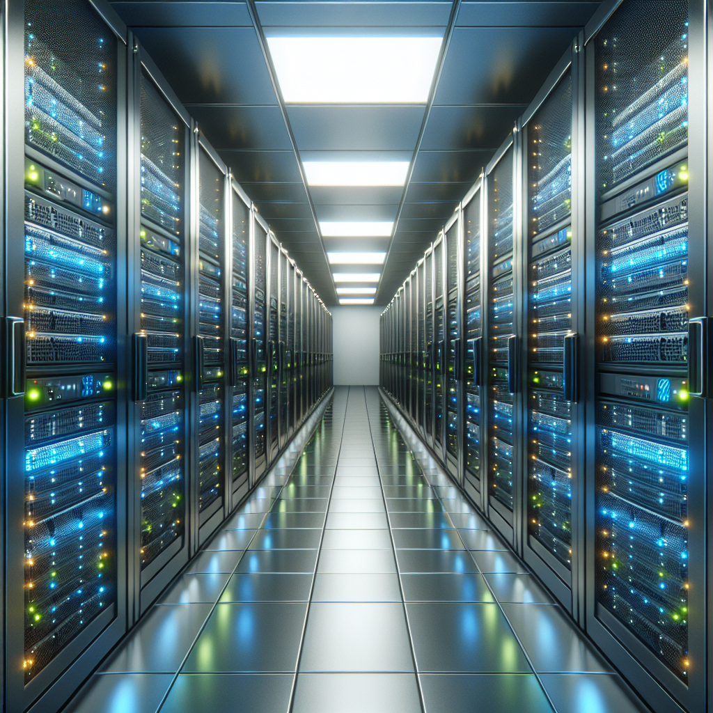 High-speed server racks in a modern server room with blue and green LED lights.