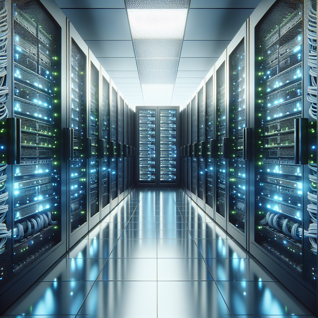 A realistic server room behind a clear glass wall with black server racks, blue and green LED lights, neatly organized cables, and a digitally-inspired atmosphere to depict web hosting speed.