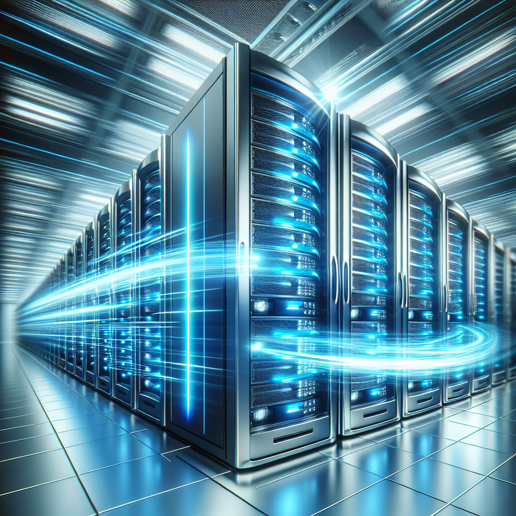 A high-speed futuristic web server in a modern server room, emanating a cool blue light symbolizing fast data transfer and high-tech efficiency.